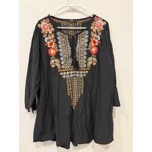 Andree by Unit Embroidered Boho Tunic Top Black XL